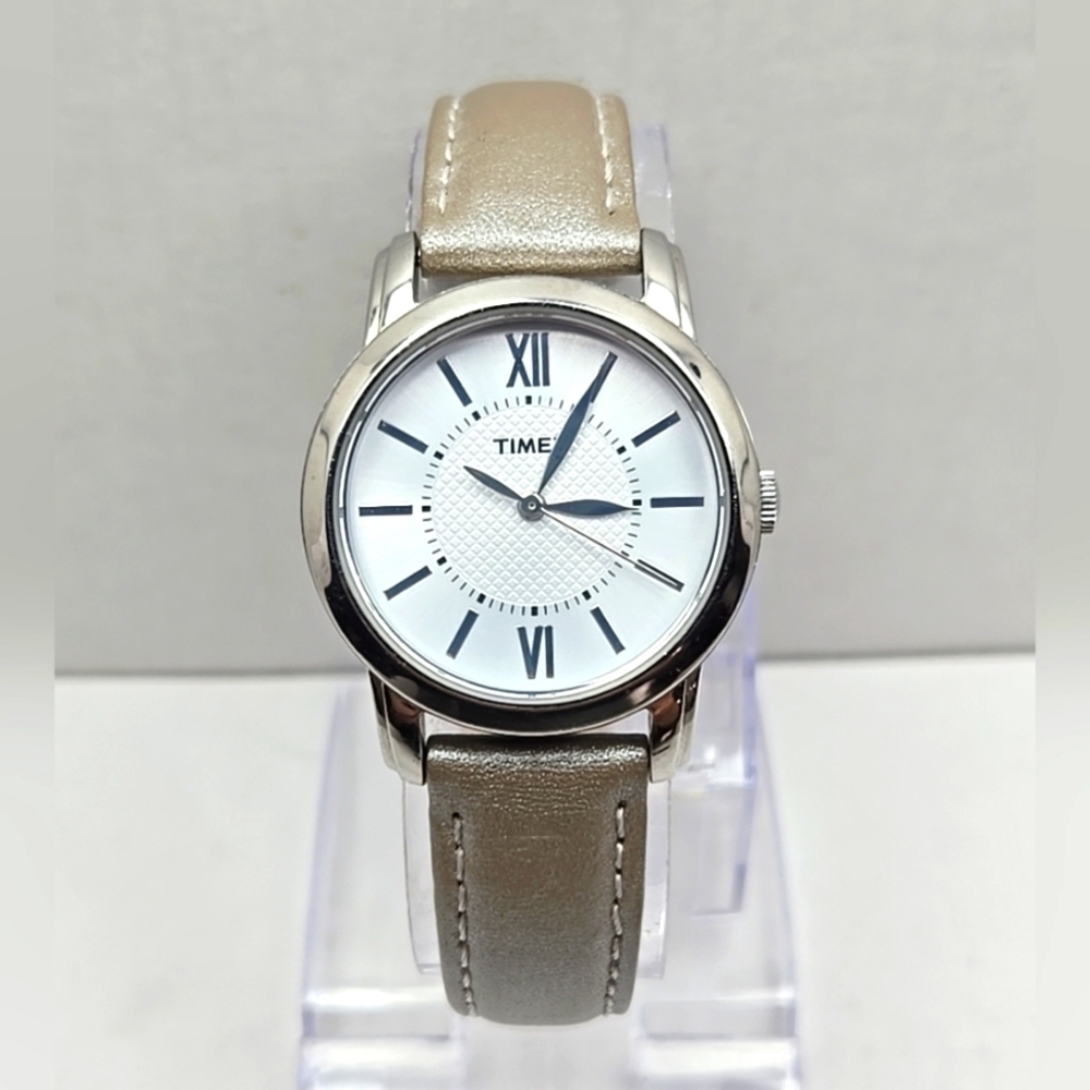 Timex T2N684 Watch Gray Leather Band Silver Dial Analog Watch NEW Battery